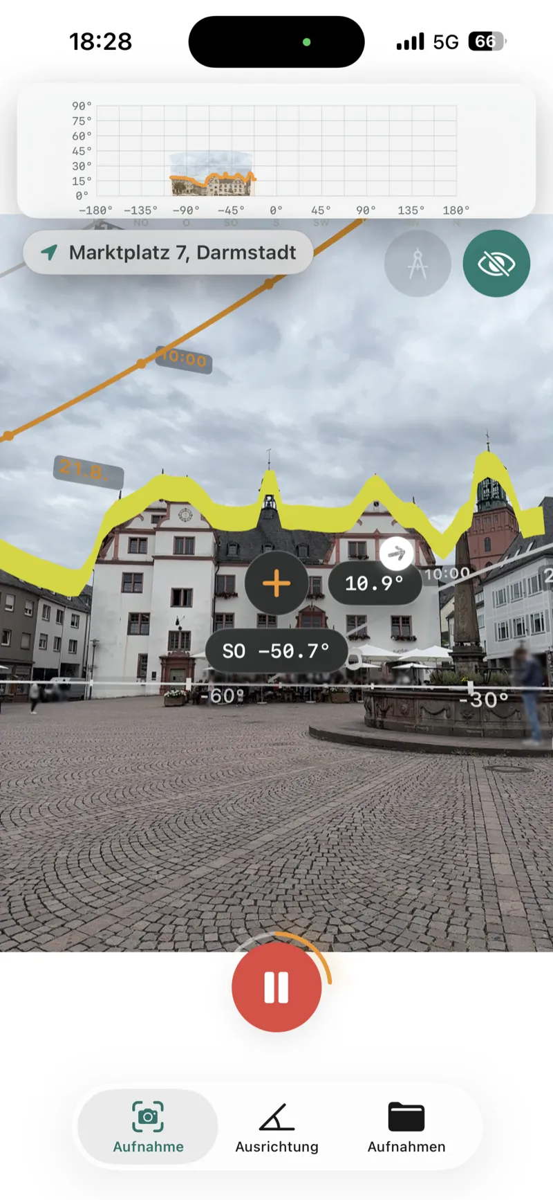 AR-Scan-Ansicht mit gelber Horizontlinie live über dem Kamerabild